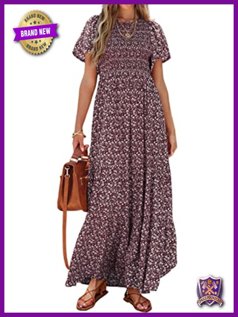 Flutter Short Sleeve Boho Floral Maxi Dress Tiered Smocked